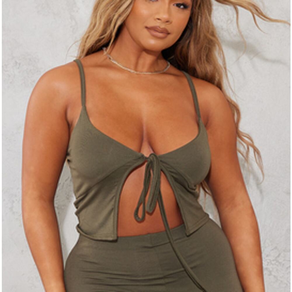 Pretty Little Thing 4 Women's Khaki Jersey Front‎ Tie Crop Top NWT